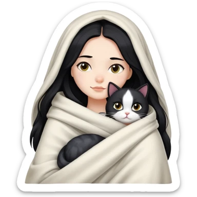 A girl with fair skin and long black hair wrapped in a blanket hugging a black and white cat sticker