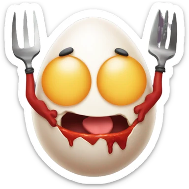 Egg with devil features and a pitchfork sticker