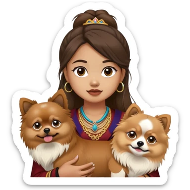 filipino girl with bands and a brown pomeranian and a tibetan spaniel  sticker
