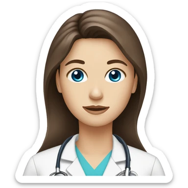 long brown hair, blue eyes, female doctor emoji sticker