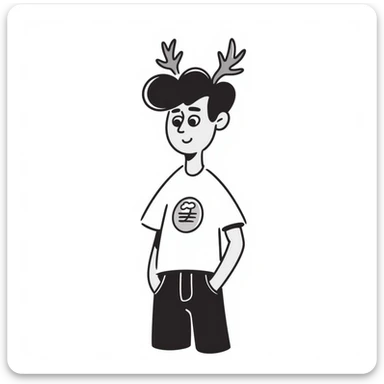 A casual guy with deer antlers, wearing a t-shirt and jeans, with a sad or thoughtful facial expression, neutral background, no snow sticker