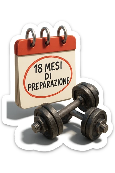 foglio di calendario con manubri da palestra disegnati e la scritta a penna "18 MESI DI PREPARAZIONE" CERCHIATA IN ROSSO, FALLO MOLTO REALISTICO IN 3D sticker