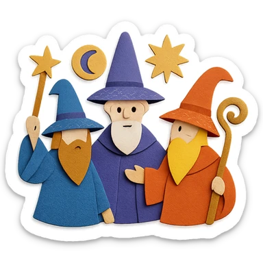 fantasy conclave with wizards and magical symbols in paper craft style sticker