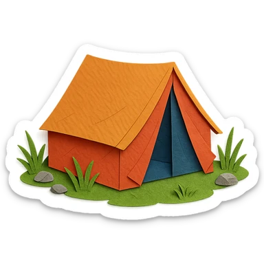 very detailed camping tent, paper craft style, intricate cut paper textures, pitched tent with open flap, surrounded by grass and small rocks sticker