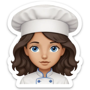 A girl with long, dark brown, wavy hair, grey-blue eyes. He cooks in the clothes of a cook sticker