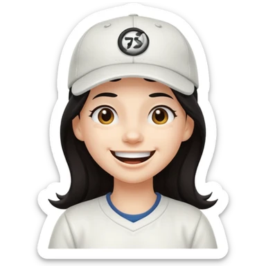 Digital illustration of a cartoon character with a big smile on its face and whinking. The character has long dark hair and is wearing a white baseball cap and casual clothes. The overall style of the illustration is cute and playful. sticker
