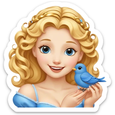 Cinematic Adorable Cinderella Portrait Emoji, Giggling softly while holding a tiny bluebird, golden curls bouncing, eyes sparkling with joy, wrapped in a soft golden glow, exuding warmth and charm, an irresistible blend of beauty and playfulness! sticker