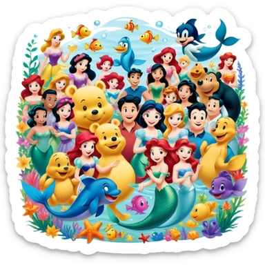 Icon for Animated Characters: A colorful, large-scale collage of beloved cartoon characters, including Franco, Mickey Mouse, Winnie-the-Pooh, Ariel the Little Mermaid, Jasmine and others. Bright and vibrant, full of whimsical charm. Transparent background. sticker