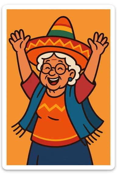 happy grandmother in a colorful sombrero, arms up, festive mood sticker