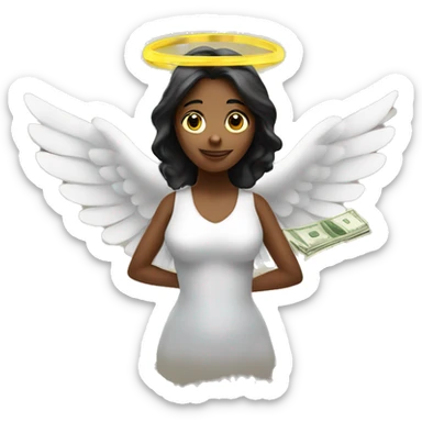 A lady with halo and money with wings underneath her chest sticker