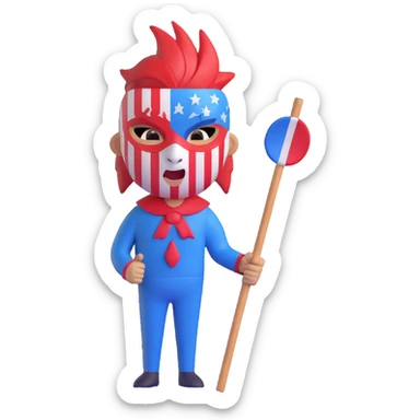 ruthless boy emoji with wild expression, mask painted in red, white, and blue stripes, holding a sharp stick, inspired by Lord of the Flies sticker