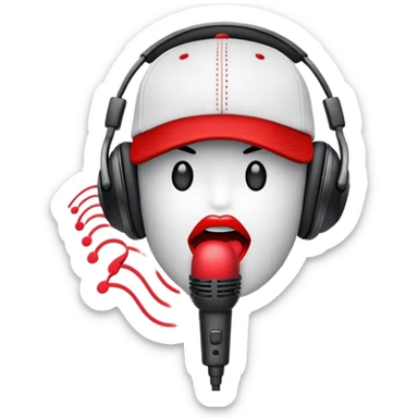 Create a dynamic and energetic emoji that represents beatboxing. The design should feature a stylized microphone with lips and sound waves emanating from it and baseball cap on it, symbolizing vocal percussion and rhythm. Add elements like headphones or a subtle speaker to emphasize the music production aspect. Use bold colors like black, white, and red to convey the intensity and creativity of beatboxing. The background should be transparent. sticker