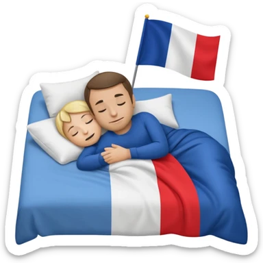playful emoji of Macron tucked in bed, holding small French flag, sleeping soundly, emoji style sticker