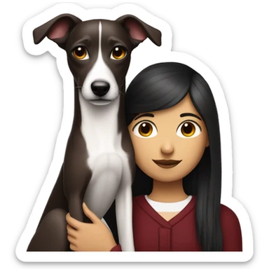 A girl with the hair red-wine coloured hugging a black and whippet sticker