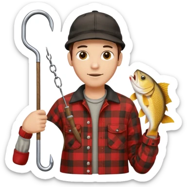 vit Ung man med svart keps röd gul rutig flanellskjorta hållandes en brun båtshake med hängande jättestor torsk sticker