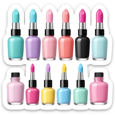 Minimalist nail art sticker pack featuring a cute female nail artist, nail tools like brushes and files, colorful nail polish bottles, small decorated nails, simple and clean design, pastel colors, kawaii style, delicate and charming, high-resolution, perfect for nail stickers sticker