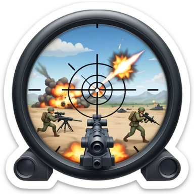 An icon symbolizing first-person shooter games. The design features a scope view with crosshairs aimed at a distant target. The background shows a battlefield with soldiers and explosions, capturing the action-packed intensity of FPS games. Transparent background. sticker