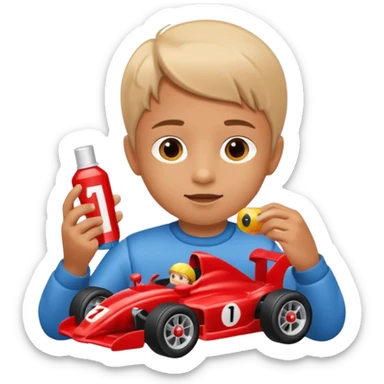 child playing with formula 1 toy car sticker
