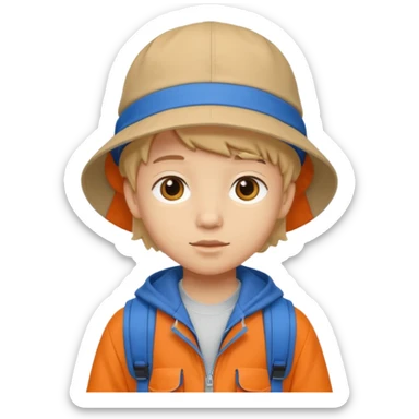 A little student with beige bucket hat, orange jacket, blue backpack sticker