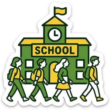 Add students walking in front of the school building in a minimalistic style with a green, gold, and white color scheme. Use clean lines, with no background. sticker