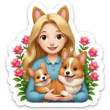 A long-haired girl holding a corgi in the flowers sticker