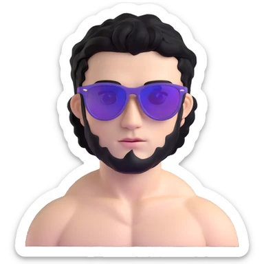 shirtless male athlete with white skin and moderately curly black hair on top with shaved sides, wearing purple sunglasses with black tinted lenses sticker