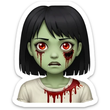 Emoji de uma garota com os cabelos longos, lisos e pretos. Ela usa uma franja curta. Tem a pele esverdeada e ferimentos no rosto cobertos com sangue, usa uma blusa branca rasgada e suja de poeira. Ela é uma zumbi sticker