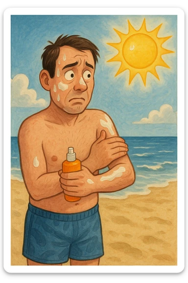 uomo a mare che si mette la crema solare perchè ha paura del sole sticker