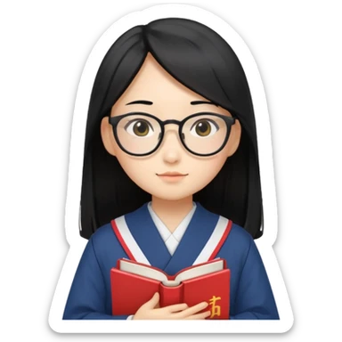 A student, asian girl, long black hair, wearing glasses, japanese uniform, hold book in front of their chest sticker