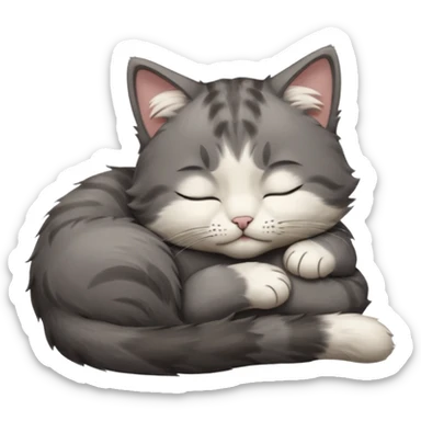 dark grey and white small cat with closed eyes, leaning his head on his paw while leaning on his elbow lying down sticker