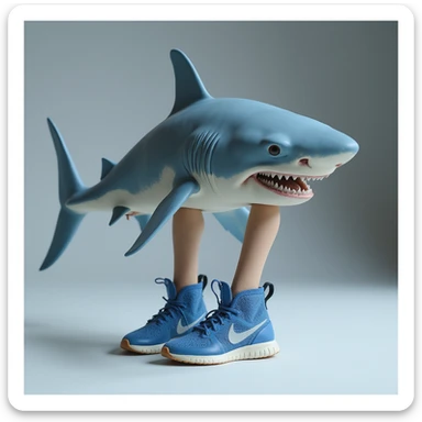 realistic shark with human legs wearing blue Nike sneakers, photorealistic style sticker