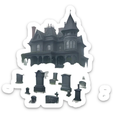 Large overgrown Haunting graveyard and Victorian mansion at noon, light fog sticker