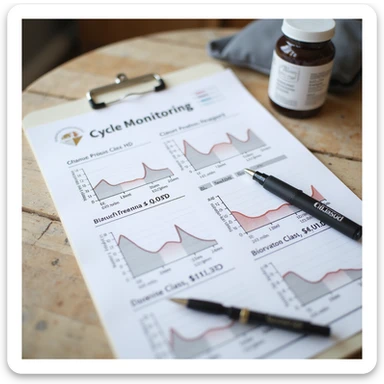 hyperrealistic 4K cycle monitoring sheet with graphs of weight, blood pressure, blood values, pen and supplements nearby, detailed sticker