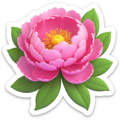 A pink peony flower in 3D iOS style with green leaves, detailed petals, and a soft, vibrant color scheme. sticker