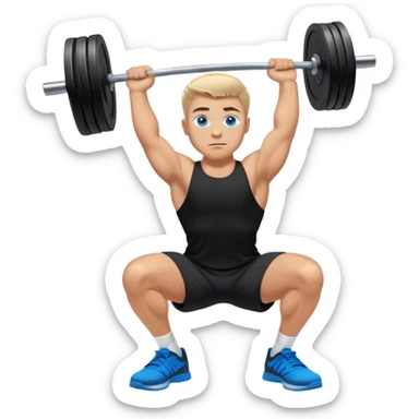 tanned man blue eyes black shorts black t shirt blue shoes barbell squats sticker
