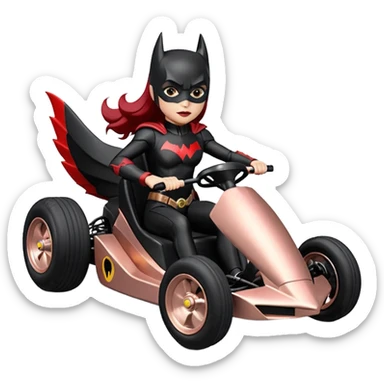Hot full size real size-appearance electric road racing sexy BatWoman’s feminine midnight-colored tight outfit sixty’s tv show 1992 dark stealthy sporty safe plush petite off-road pursuit cruiser car rose gold accents (black hair,reclined and relaxed torso and shoulders seating position) go kart  sticker