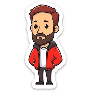 a man weraing a red jakect putting his right arm in a winkel of 45 degreed and a beard that us under his nose sticker