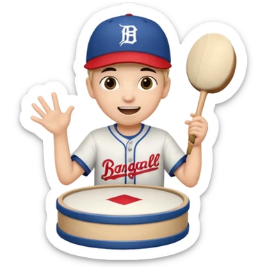 A young boy with a cap, wearing team colors, banging a small drum excitedly. sticker