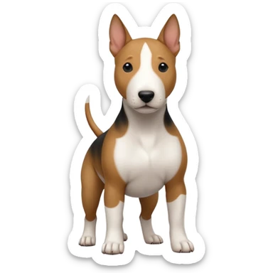bull terrier with black head and body and a white chest sticker