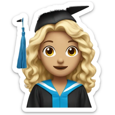 blonde girl wearing blue graduation cap with long curly black hair sticker