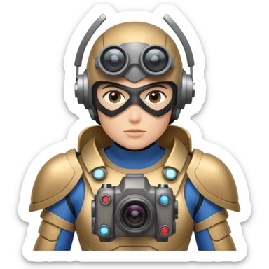 Un photographe high tech du futur, avec du matériel, une armure de terrain à la super héro. Il a des appareils photos, des caméras embarquées et un drone  sticker