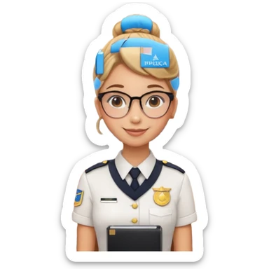 Reception Young girl, bun hair, wearing uniform of reception with hotel name badge, glasses, stand behind the desk

 sticker