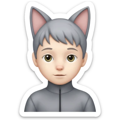Boy kid in gray cat suit with tail and ears sticker