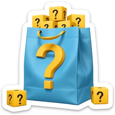 White bag with yellow questions mark cube boxes stuffed in it sticker