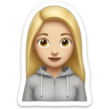 A blonde girl with smooth hair and a ray in the middle, she has light skin a few freckles, and she wear a hoodies  sticker