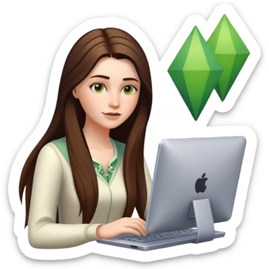 beautiful pale brunette girl with long hair playing the sims4 on her computer  sticker