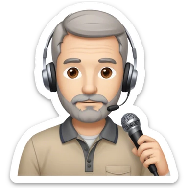 male, brown and gray hair, brown and gray beard,  hazel eyes, athletic build with khakis and a polo, technology teacher, podcast studio background, microphones and earphones, ultra realistic, memoji-style, 3d render, photo, anime, illustration sticker