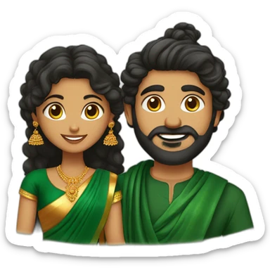 south indian girl with curly hair wearing dark green saree marrying south indian guy with straight hair and beard wearing dhoti sticker