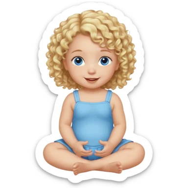 blonde curly hair blue eye baby girl sitting on the floor talking sticker