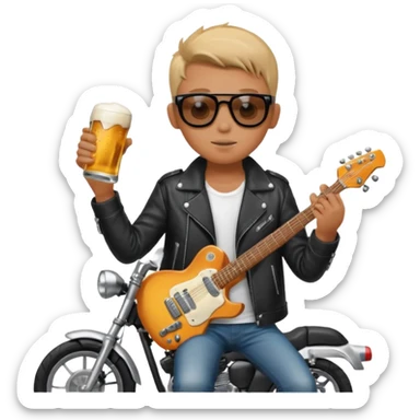 i need an emoji of a boy that is sitting on a crossmoter with a beer and an electric guitar in his hands sticker